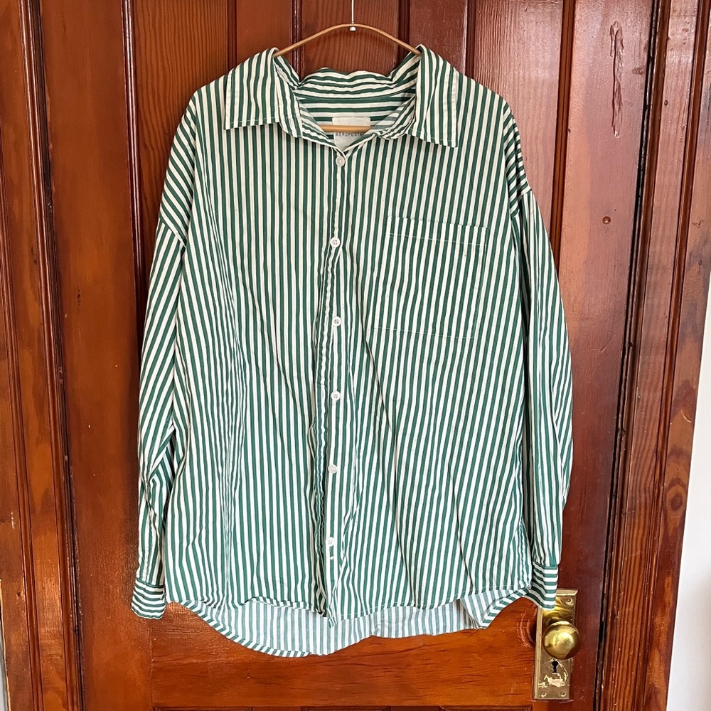 Green and White Striped Boyfriend  Button-Up Oxford Shirt